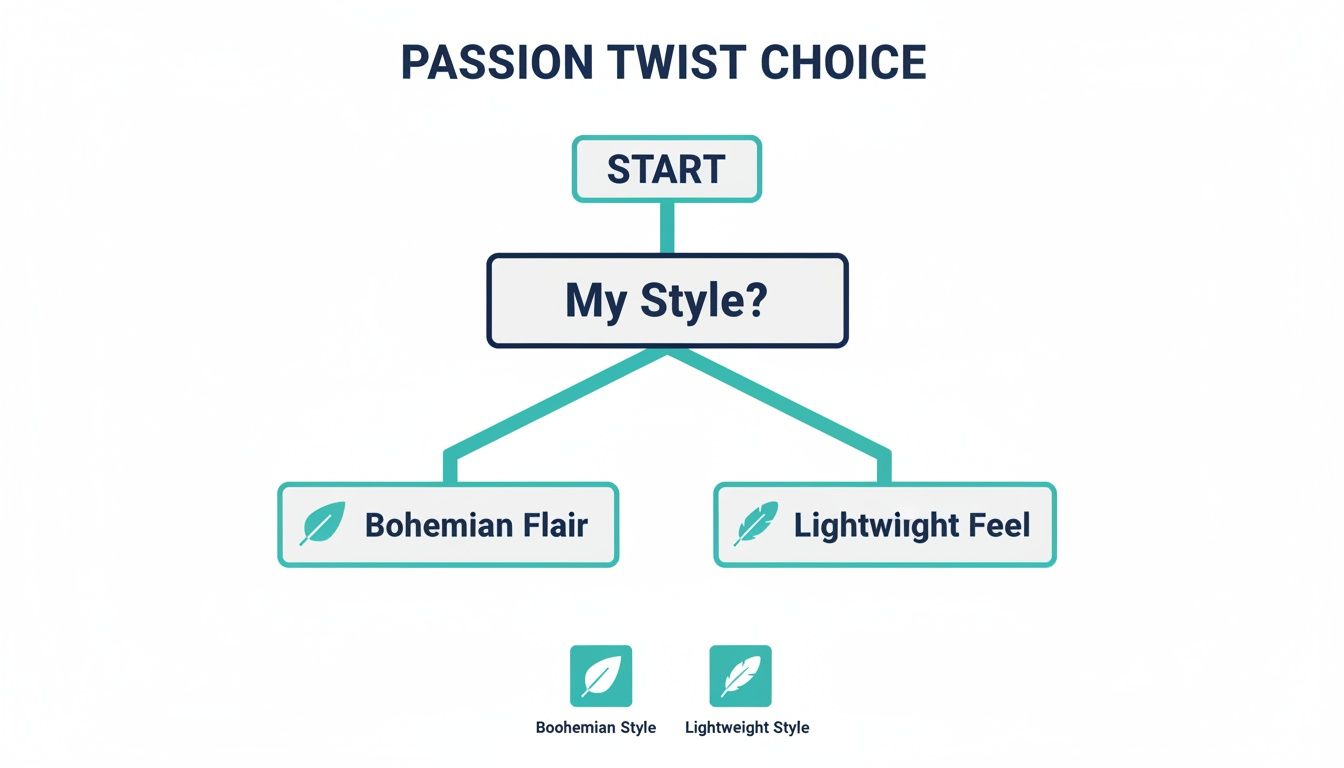 Flowchart showing a decision for passion twist styles, choosing between Bohemian Flair and Lightweight Feel based on 'My Style?'.