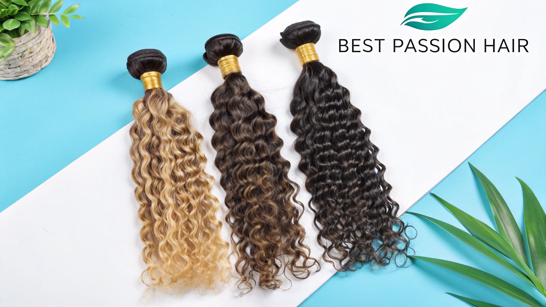 Three bundles of curly hair extensions in blonde, brown, and dark brown colors on a blue and white background.