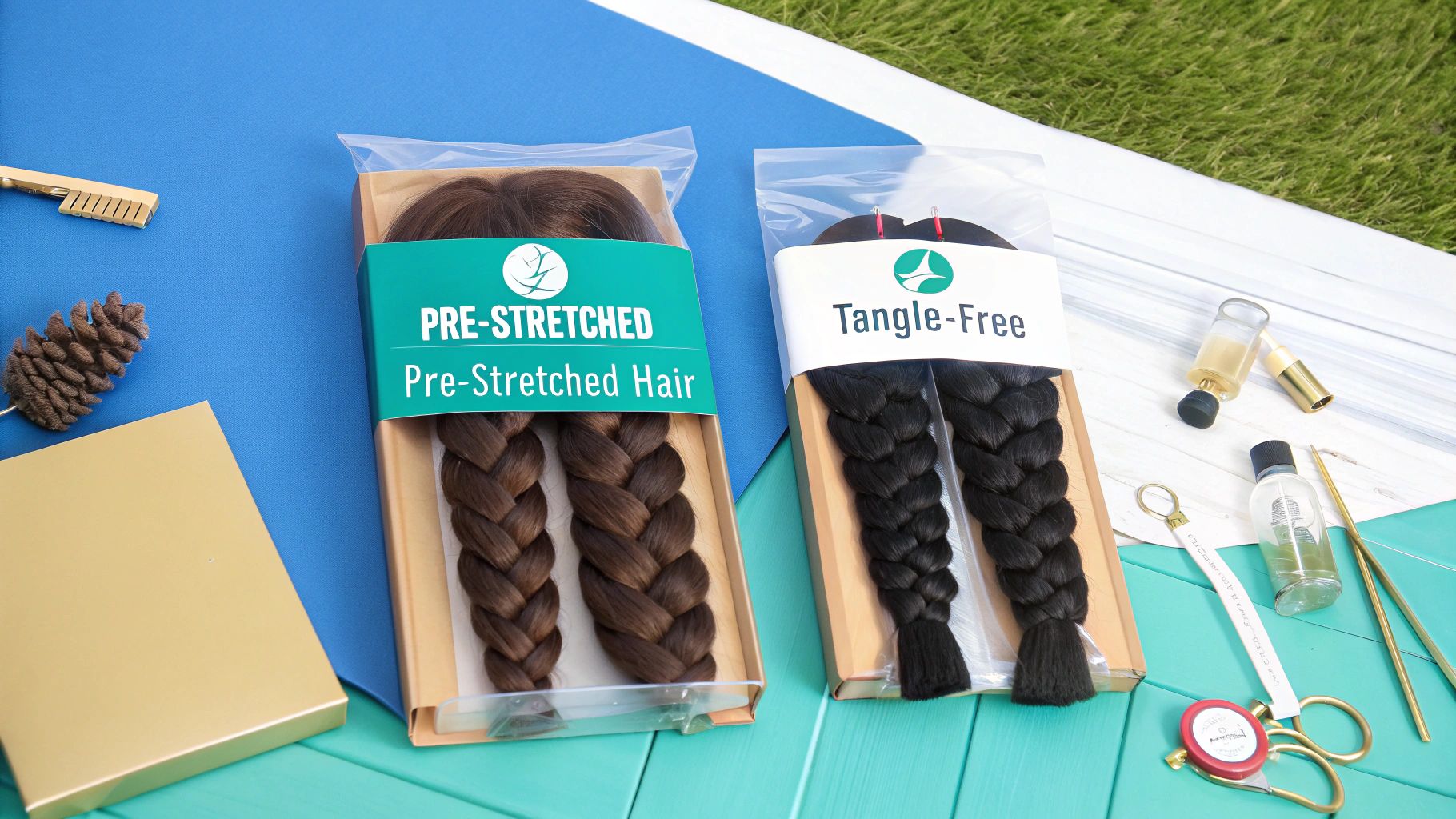 Two packages of braided hair, one brown "Pre-Stretched" and one black "Tangle-Free", on a blue and white surface.