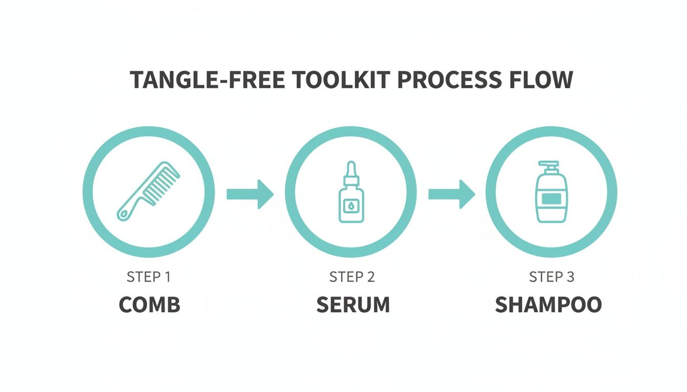 Tangle-free hair toolkit process flow diagram showing three steps: comb, serum, and shampoo.
