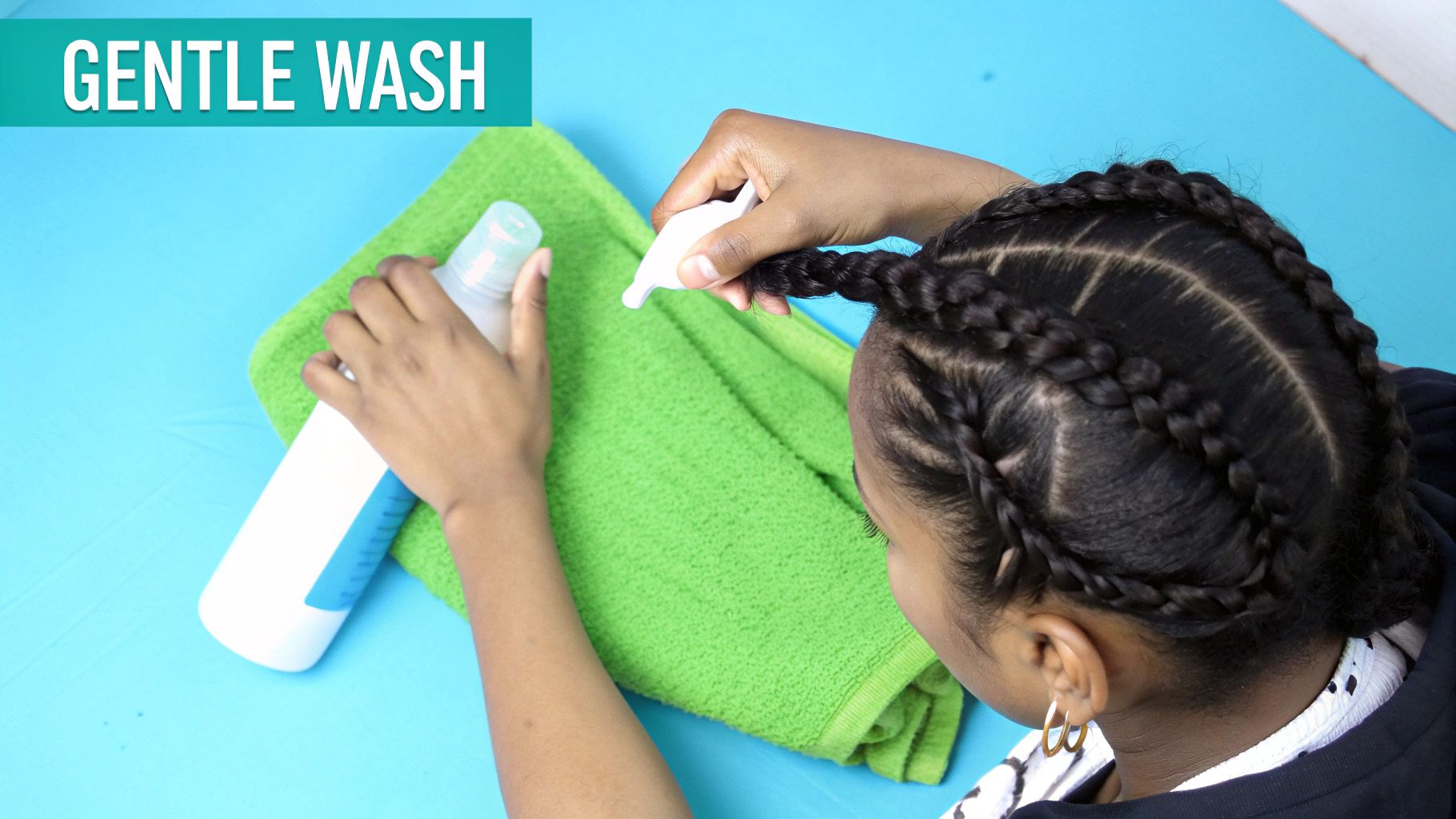 Person with braided hair gently washing or moisturizing their braids with spray bottle over a green towel.