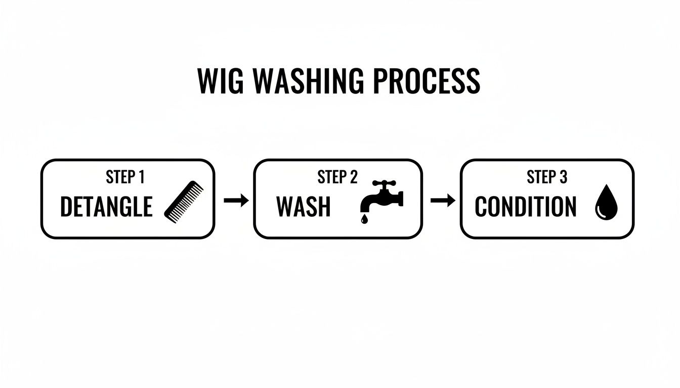 An infographic illustrating the three steps of a wig washing process: detangle, wash, and condition.