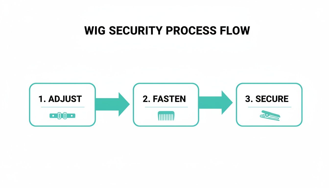 A three-step flow chart titled 'WIG SECURITY PROCESS FLOW' showing how to adjust, fasten, and secure a wig.