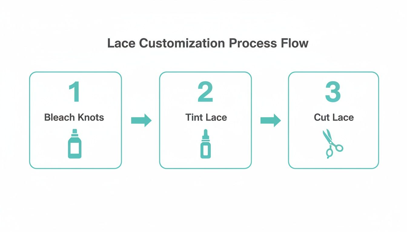 A three-step process flow for lace customization, showing bleaching knots, tinting, and cutting lace.
