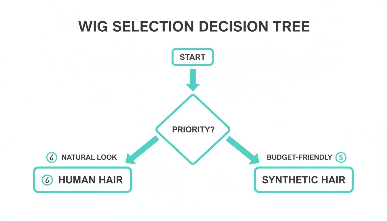 A wig selection decision tree flowchart. Prioritize natural look for human hair, or budget-friendly for synthetic hair.