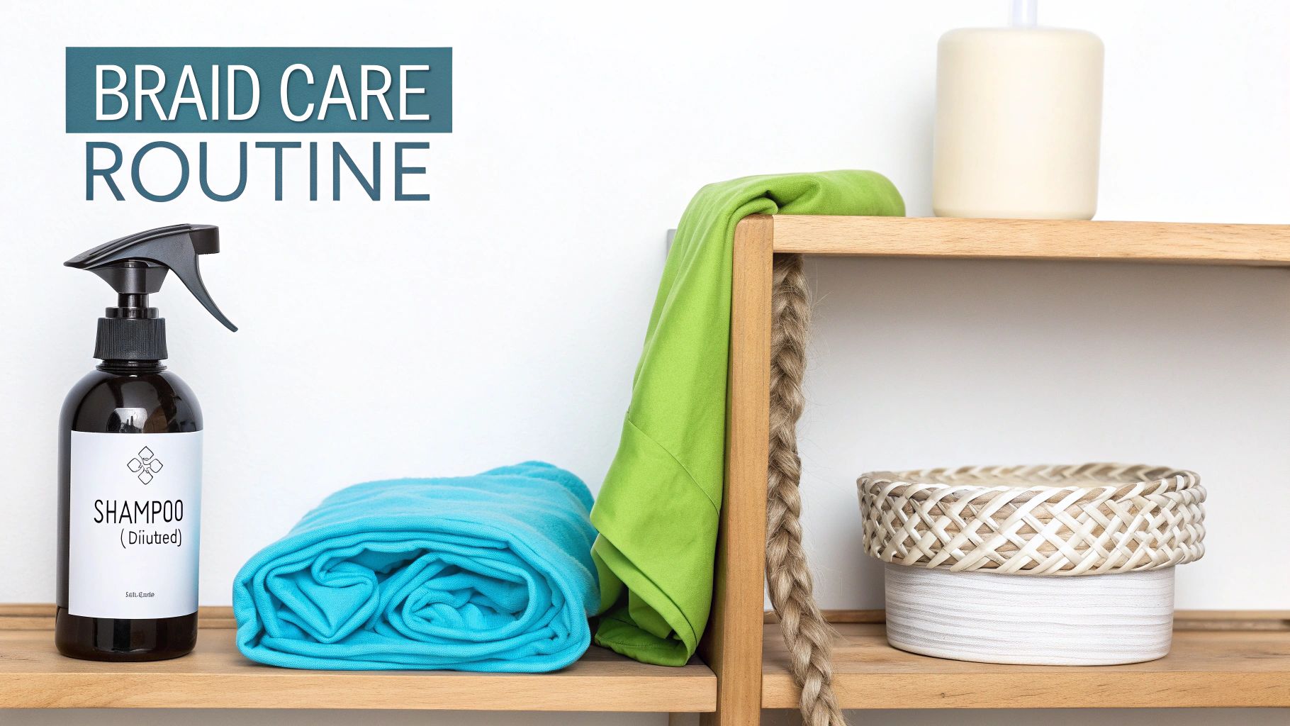 A spray bottle of diluted shampoo, towels, and a braid for hair care routine on a wooden shelf.
