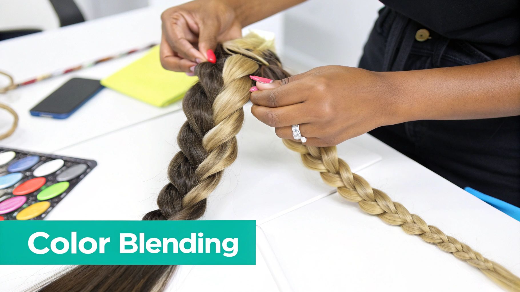 Hands blend dark brown and blonde hair extensions, creating braids on a white table.
