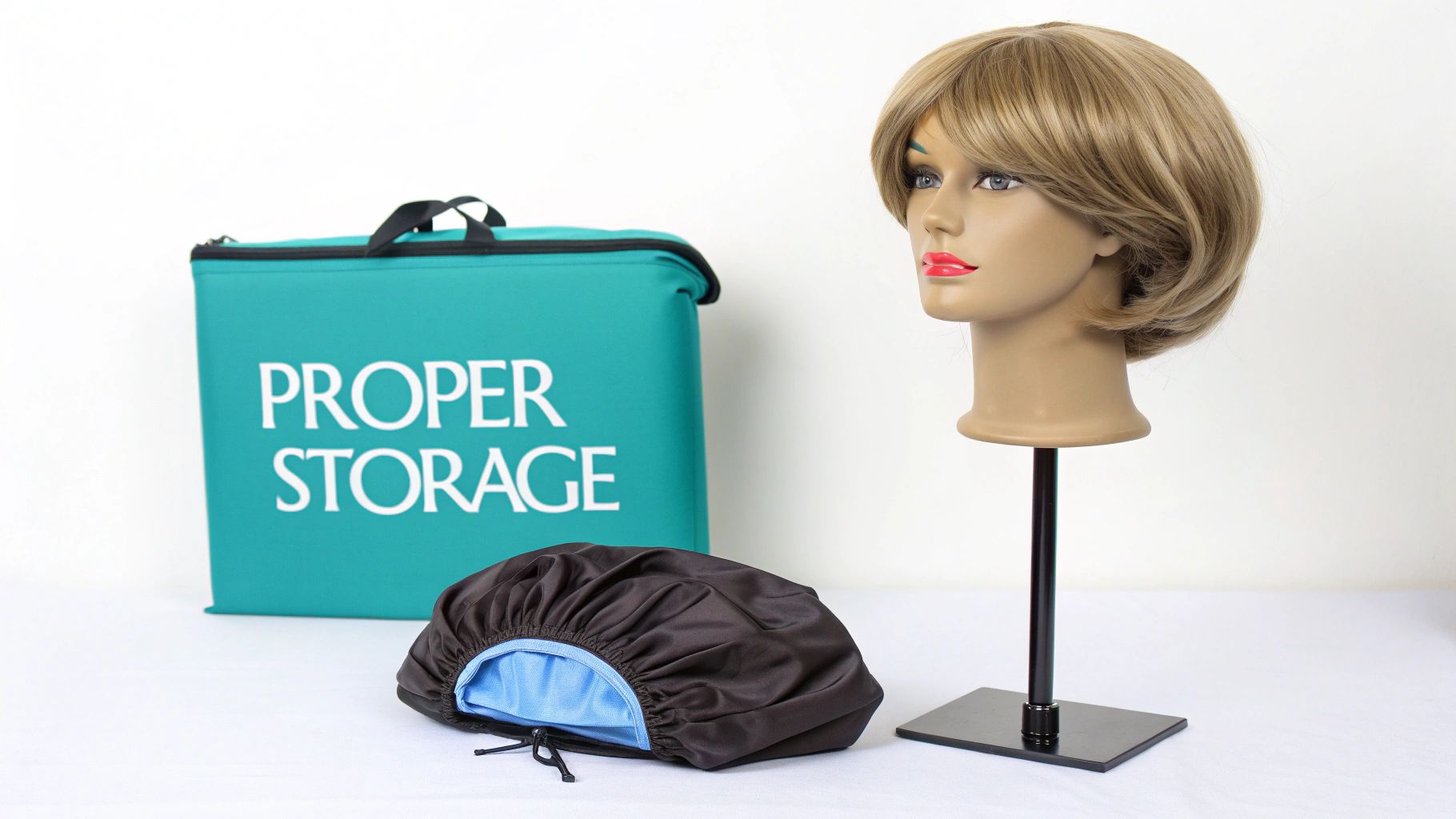 A blonde wig on a mannequin head, a teal bag with 'PROPER STORAGE', and a black satin bonnet.