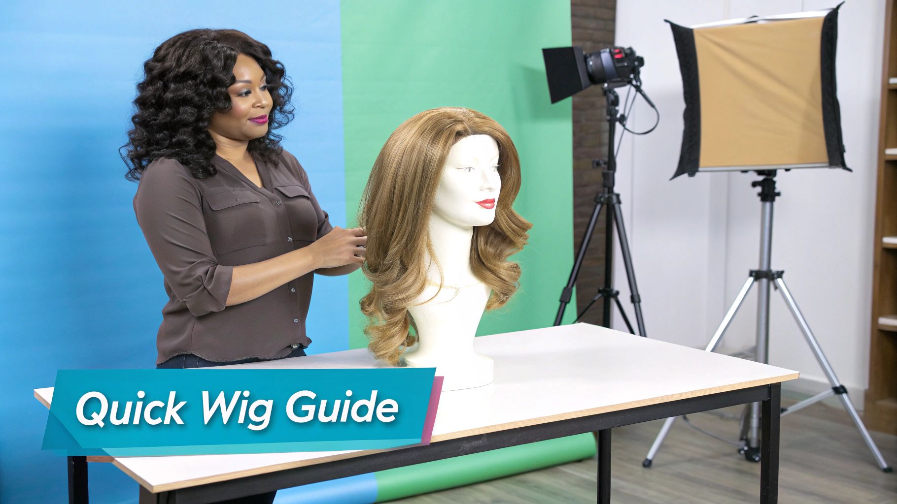 A woman styles a long, wavy blonde wig on a mannequin head, with studio lighting equipment behind her.
