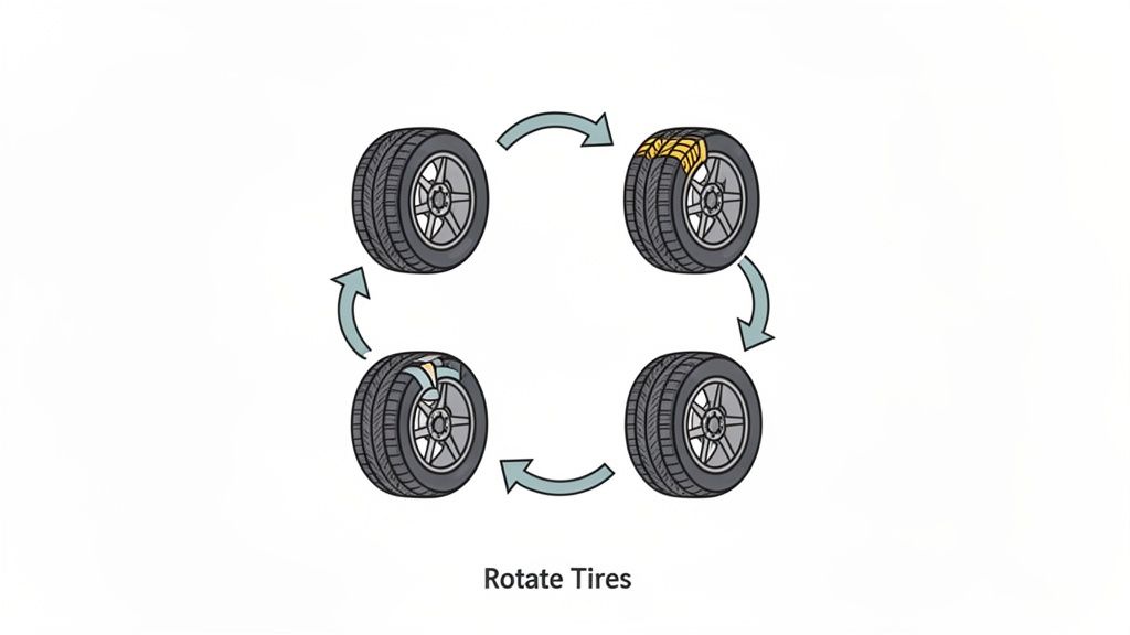 Diagram illustrating the rotation of car tires in a square pattern, with wear patterns highlighted.
