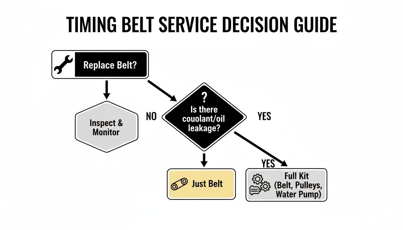 A timing belt service decision guide flowchart showing when to replace just the belt or a full kit.