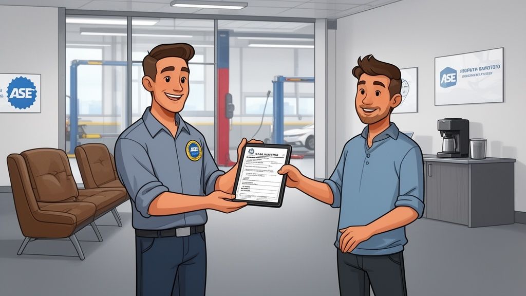 A smiling mechanic shows a customer a digital service inspection report on a tablet in an auto repair shop.