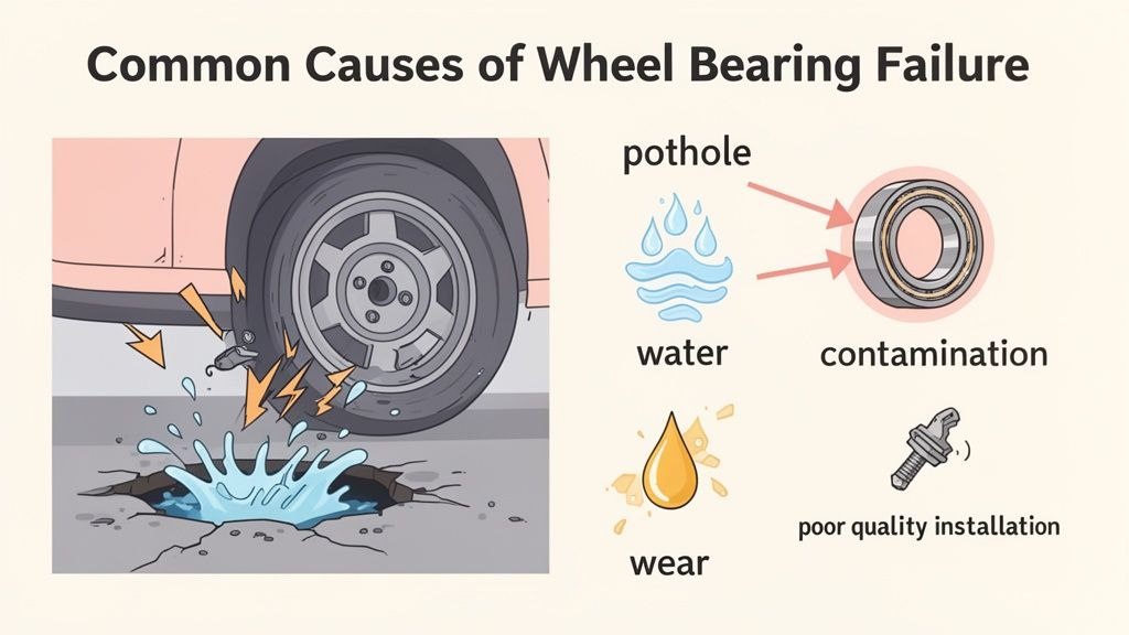 Illustration depicting common causes of wheel bearing failure: potholes, water, contamination, wear, and poor installation.