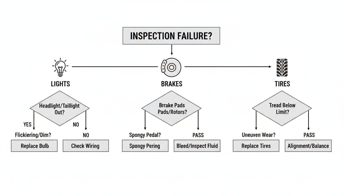 Flowchart illustrating troubleshooting steps for common vehicle inspection failures in lights, brakes, and tires.