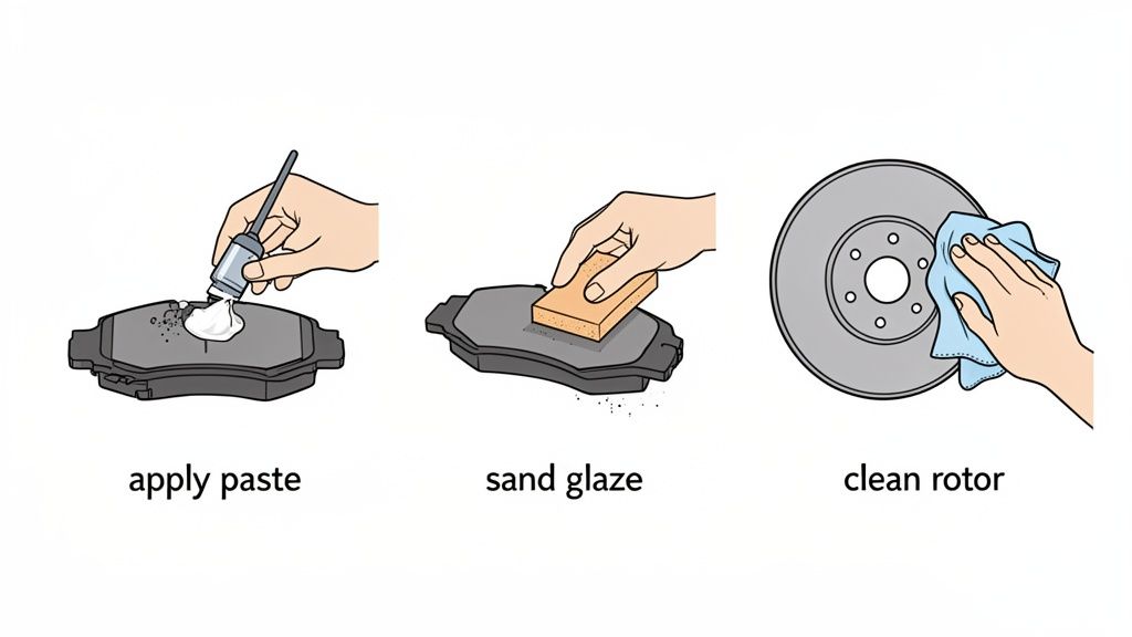Illustrations showing hands applying paste to a brake pad, sanding a brake pad, and cleaning a brake rotor.