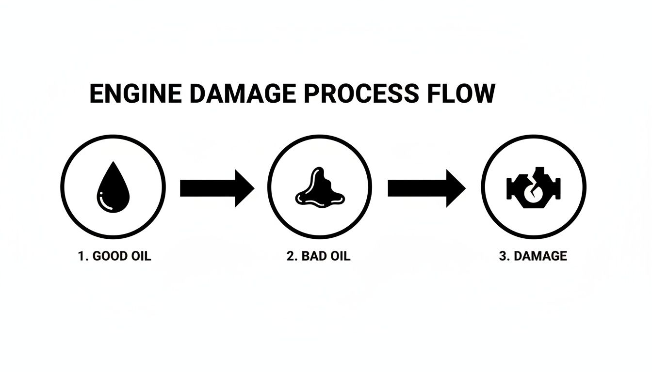 Flowchart illustrating the progression from good oil to bad oil, leading to engine damage.