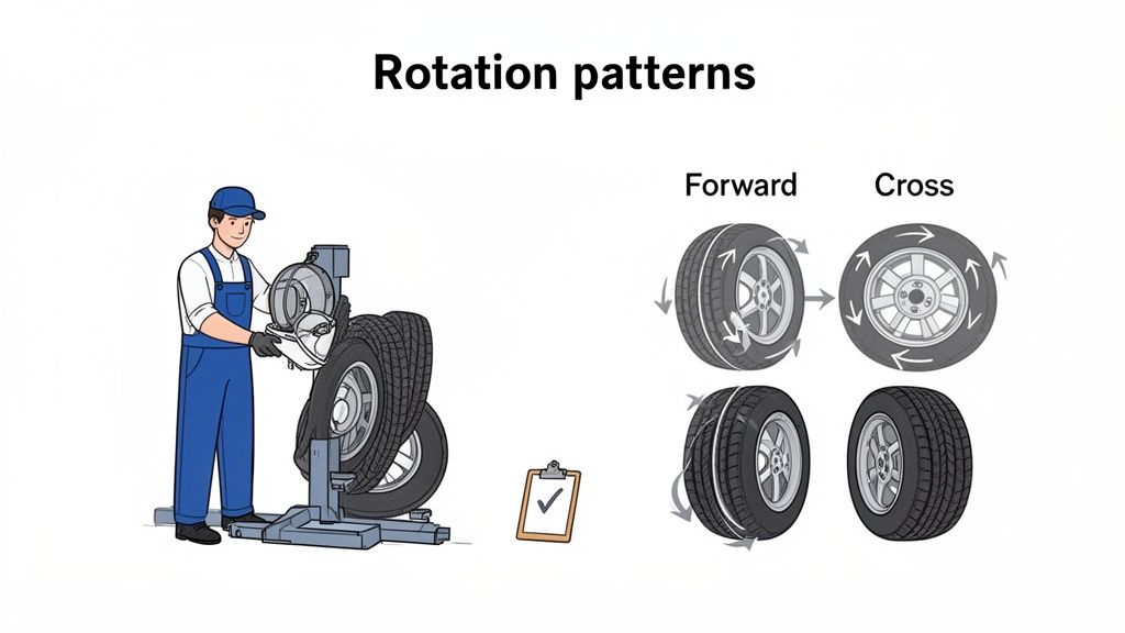 A mechanic works on tires next to diagrams illustrating forward and cross tire rotation patterns.