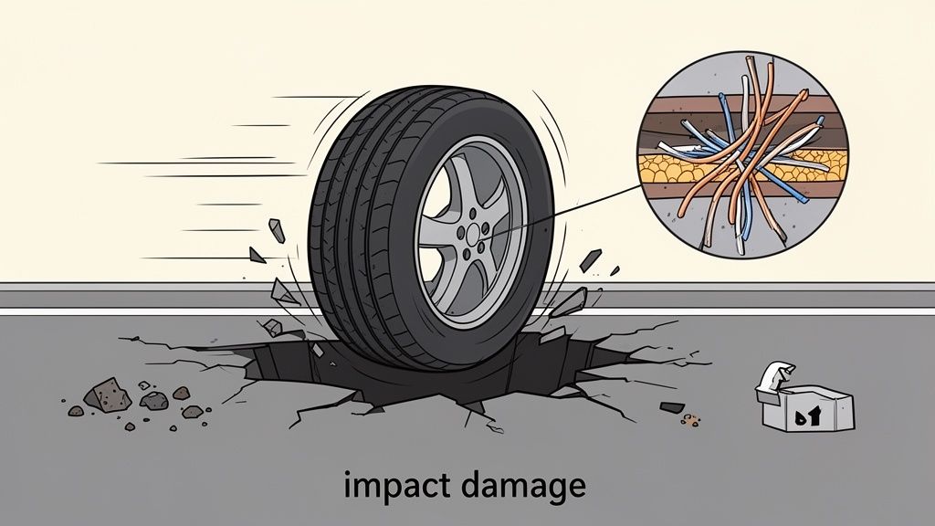 A car tire hitting the road, causing a hole and exposing underground cables, with text 'impact damage'.