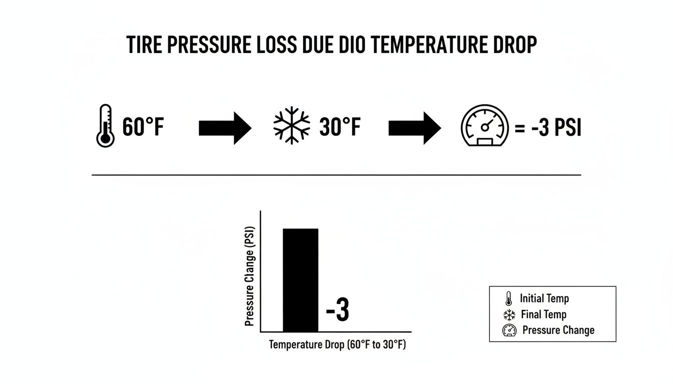 Infographic illustrating a tire pressure drop of -3 PSI when the temperature falls from 60°F to 30°F.