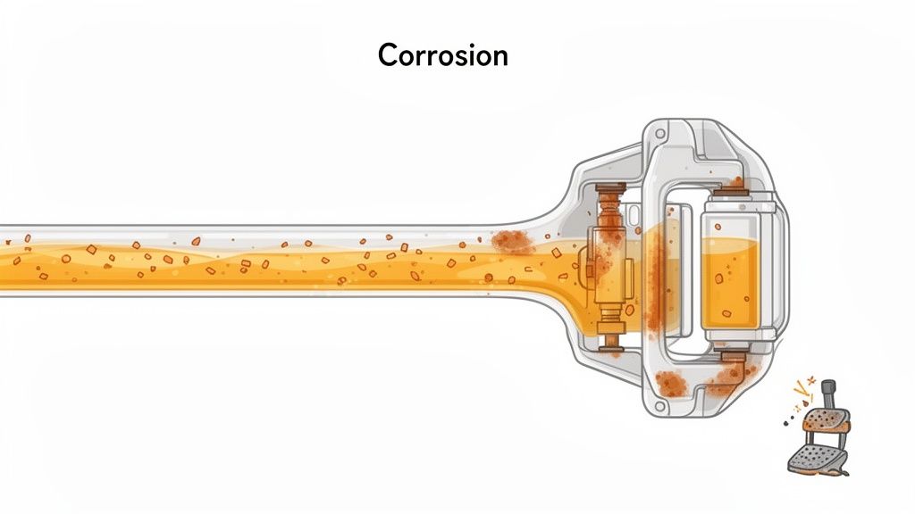 Diagram illustrating corrosion in a fluid system, showing rusty particles in liquid and on components.