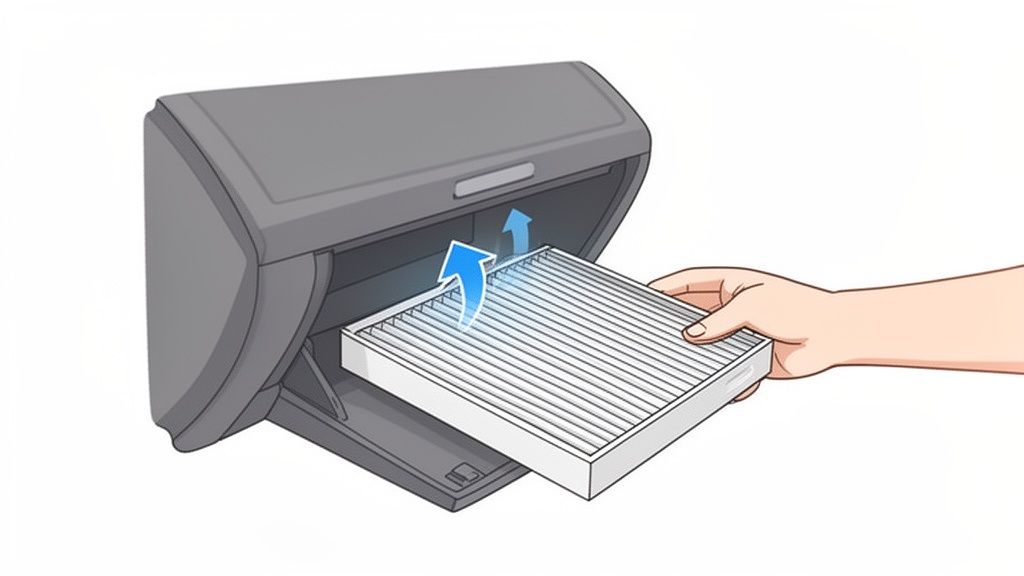 A hand inserts a fresh cabin air filter into a car's open glove compartment, with blue arrows showing the direction of installation.