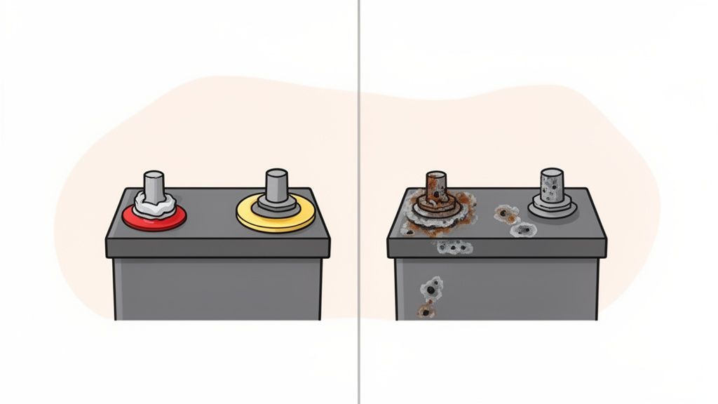 Side-by-side comparison illustrating clean and corroded car battery terminals, highlighting proper maintenance.