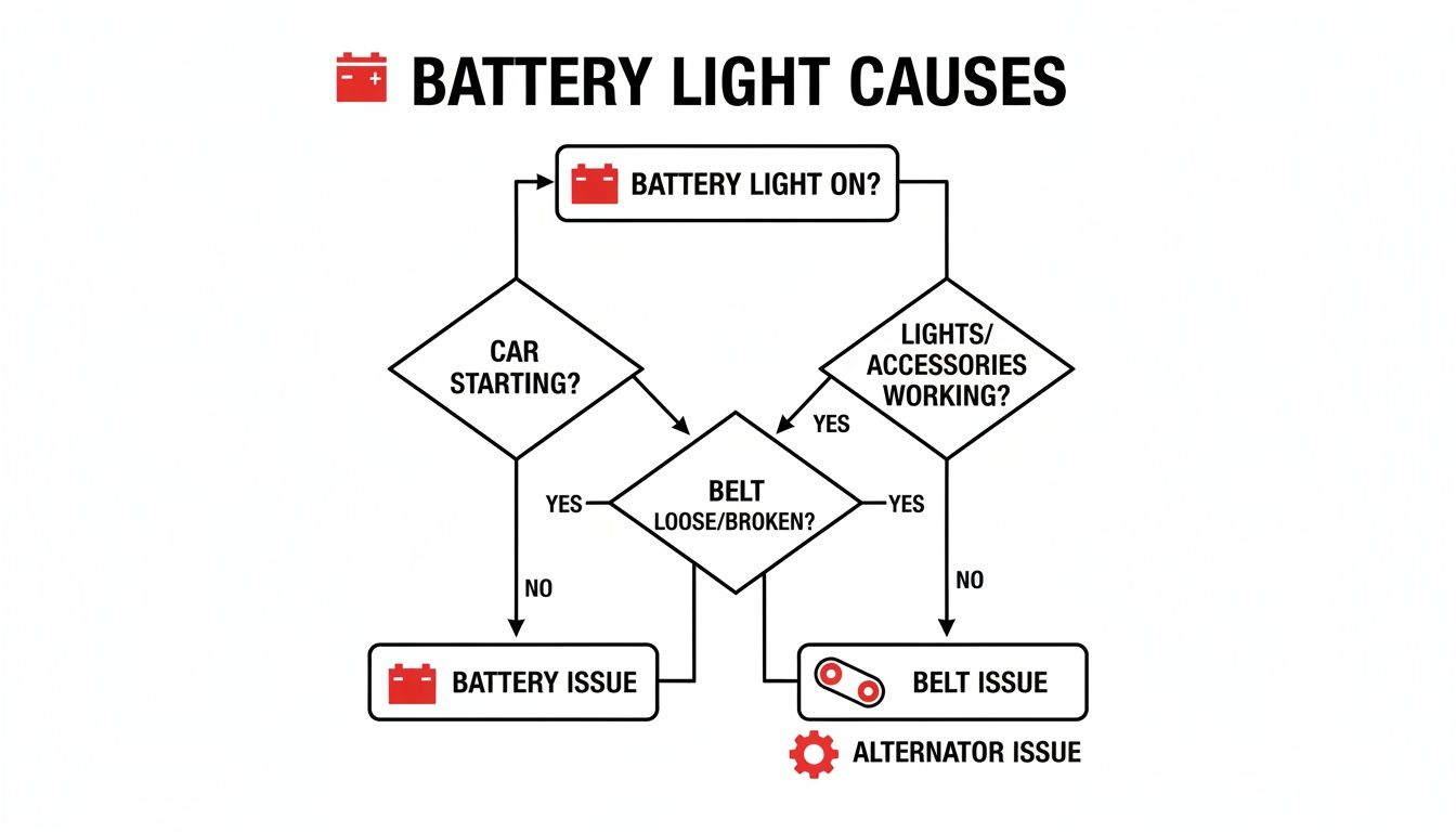A flowchart detailing troubleshooting steps for a car's battery warning light, leading to potential issues.