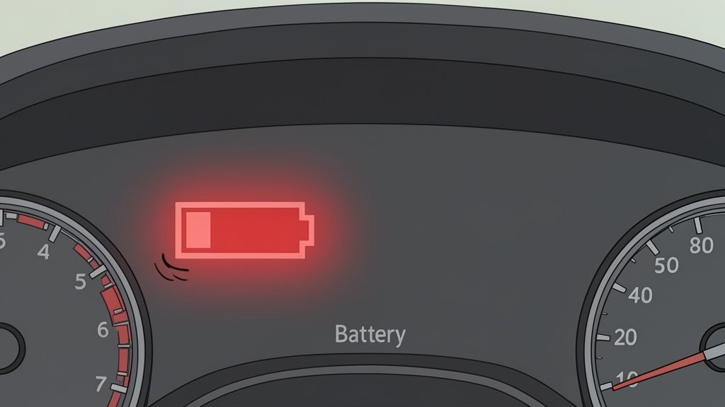A glowing red battery warning light on a car's dashboard indicating a low charge.