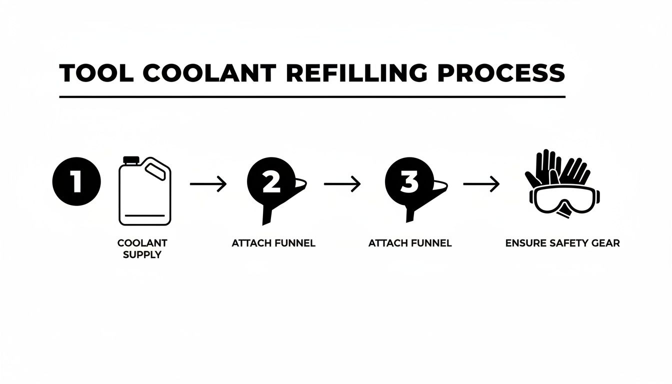 A step-by-step process diagram for refilling tool coolant, emphasizing safety.