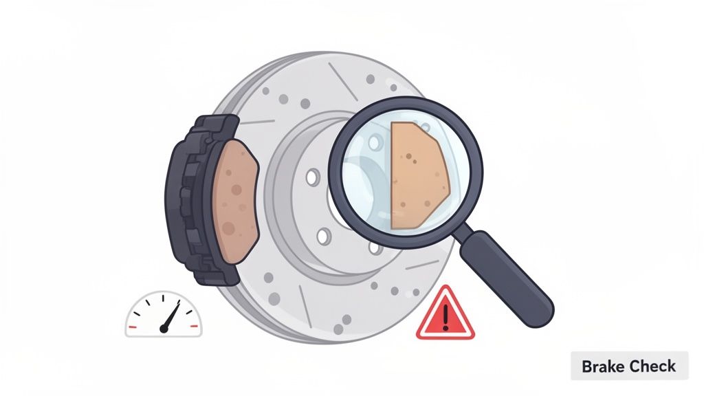 An illustration of a car brake disc and caliper, with a magnifying glass inspecting a worn brake pad, indicating a brake check.