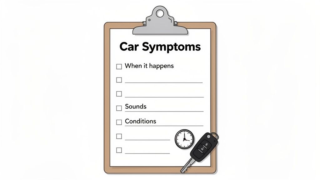 A clipboard with a 'Car Symptoms' checklist, a car key, and a clock for diagnosing vehicle issues.