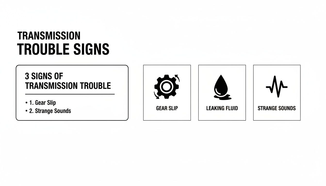 Infographic illustrating three key signs of transmission trouble: gear slip, leaking fluid, and strange sounds.