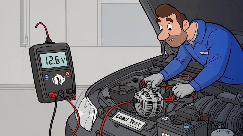 A mechanic performs a load test on a car's alternator with a multimeter showing 12.6V.