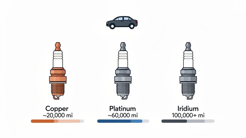 Comparison of copper, platinum, and iridium spark plugs, displaying their mileage lifespan in a car.