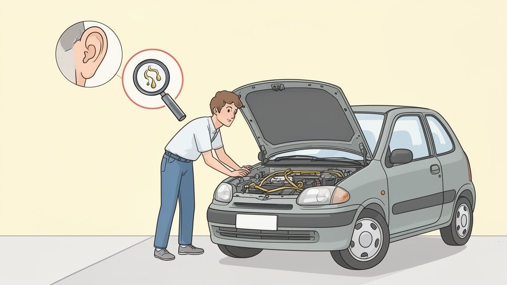 A man inspects a car's open engine, with a magnifying glass and ear symbol hinting at careful diagnosis.