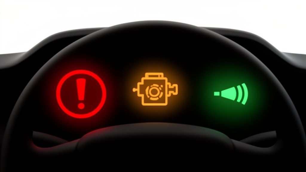 Three illuminated car dashboard warning lights: red general warning, orange check engine, and green audio signal.