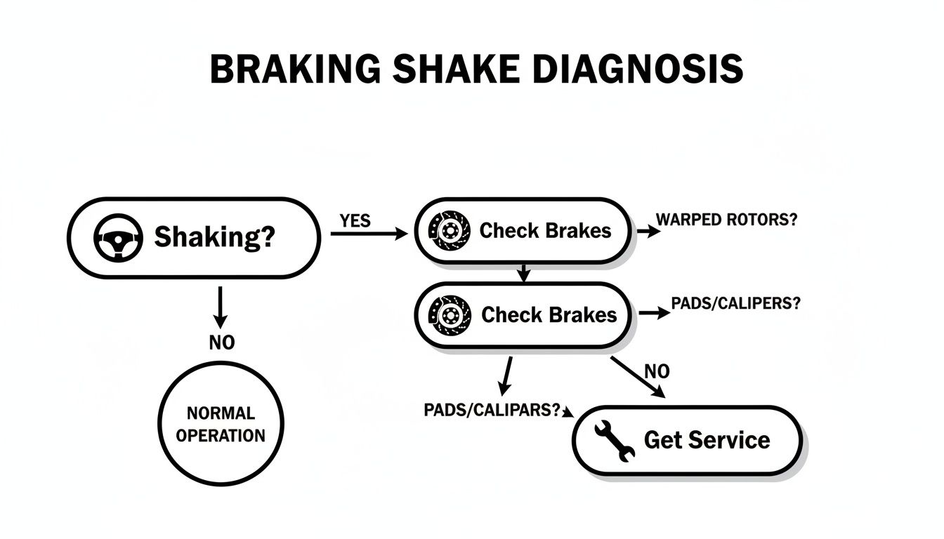 Flowchart for braking shake diagnosis, guiding users through checking rotors, pads, and calipers.