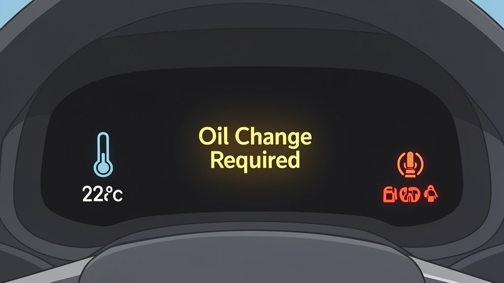 A car dashboard displaying 'Oil Change Required' message, 22°C temperature, and multiple red warning lights.