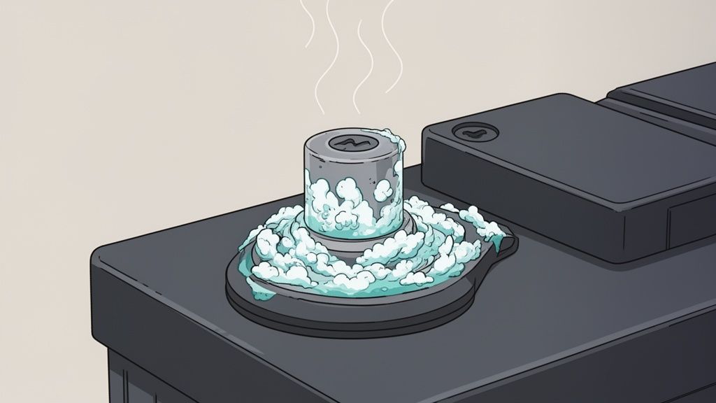 Close-up of a car battery terminal heavily corroded with blue-green residue and rising vapor.