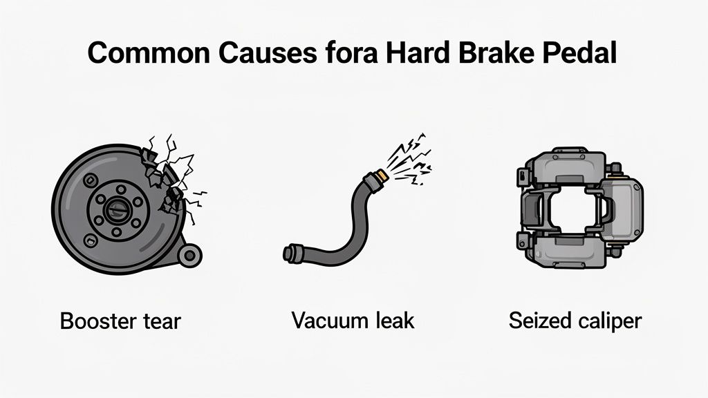 Illustrations showing three common causes for a hard brake pedal: booster tear, vacuum leak, and seized caliper.