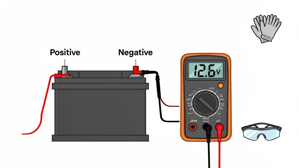 A digital multimeter measures 12.6V across a car battery, showing positive and negative connections and safety gear.