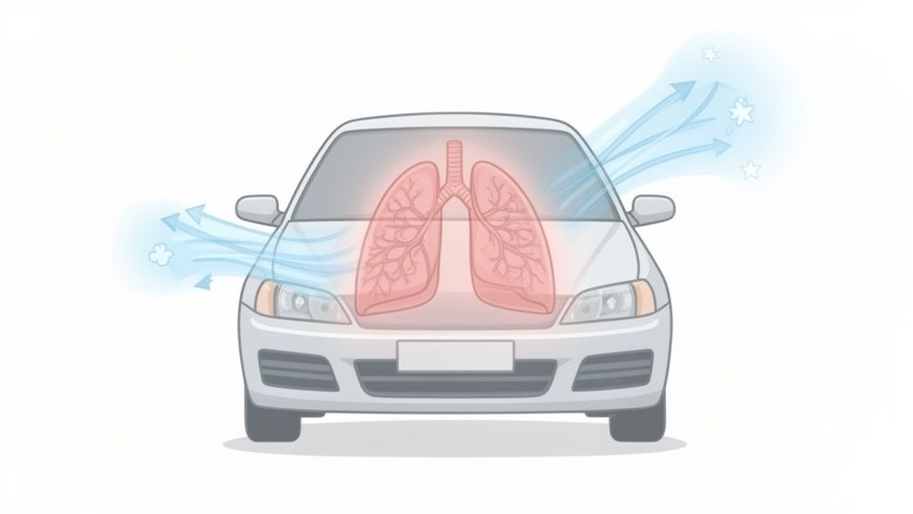 Illustration of a car with human lungs inside, showing air flowing in and out, representing cabin air quality.
