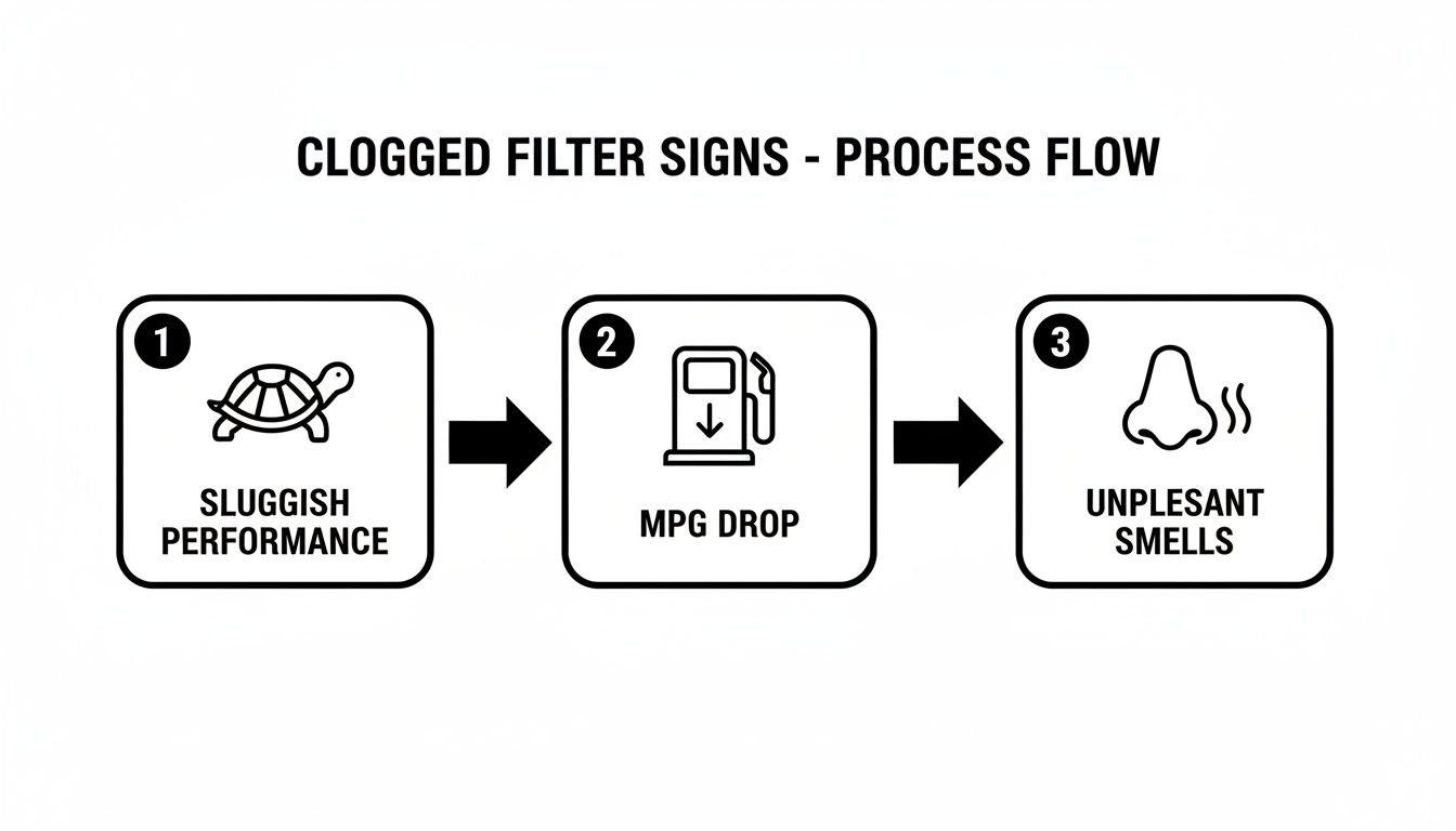 A process flow diagram showing three signs of a clogged filter: sluggish performance, MPG drop, and unpleasant smells.