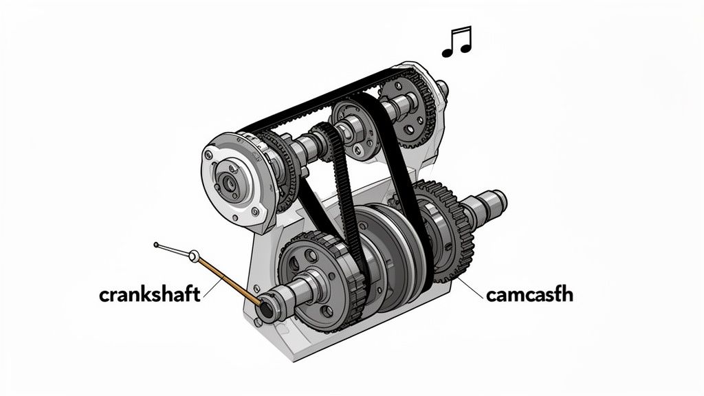 Detailed diagram showing an engine's timing belt system, connecting crankshaft and camshaft components.