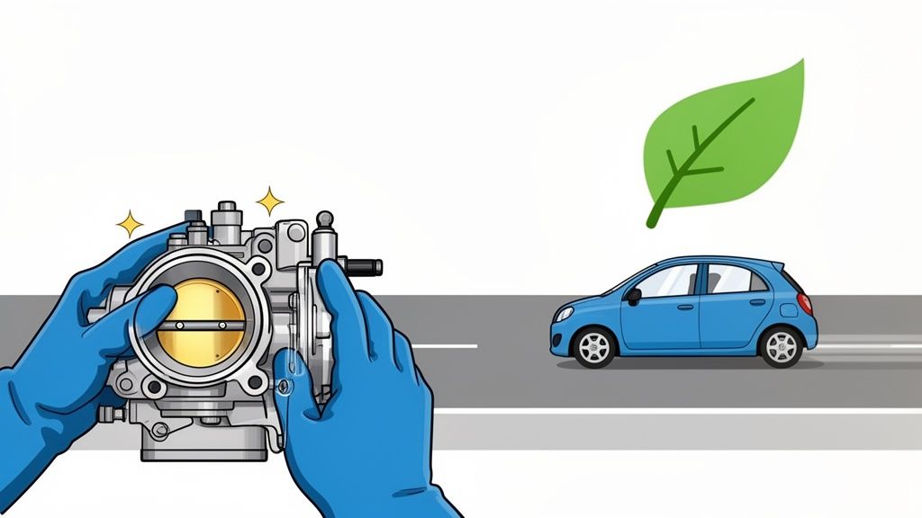 A person in blue gloves cleaning a car throttle body, symbolizing improved efficiency and eco-friendliness.