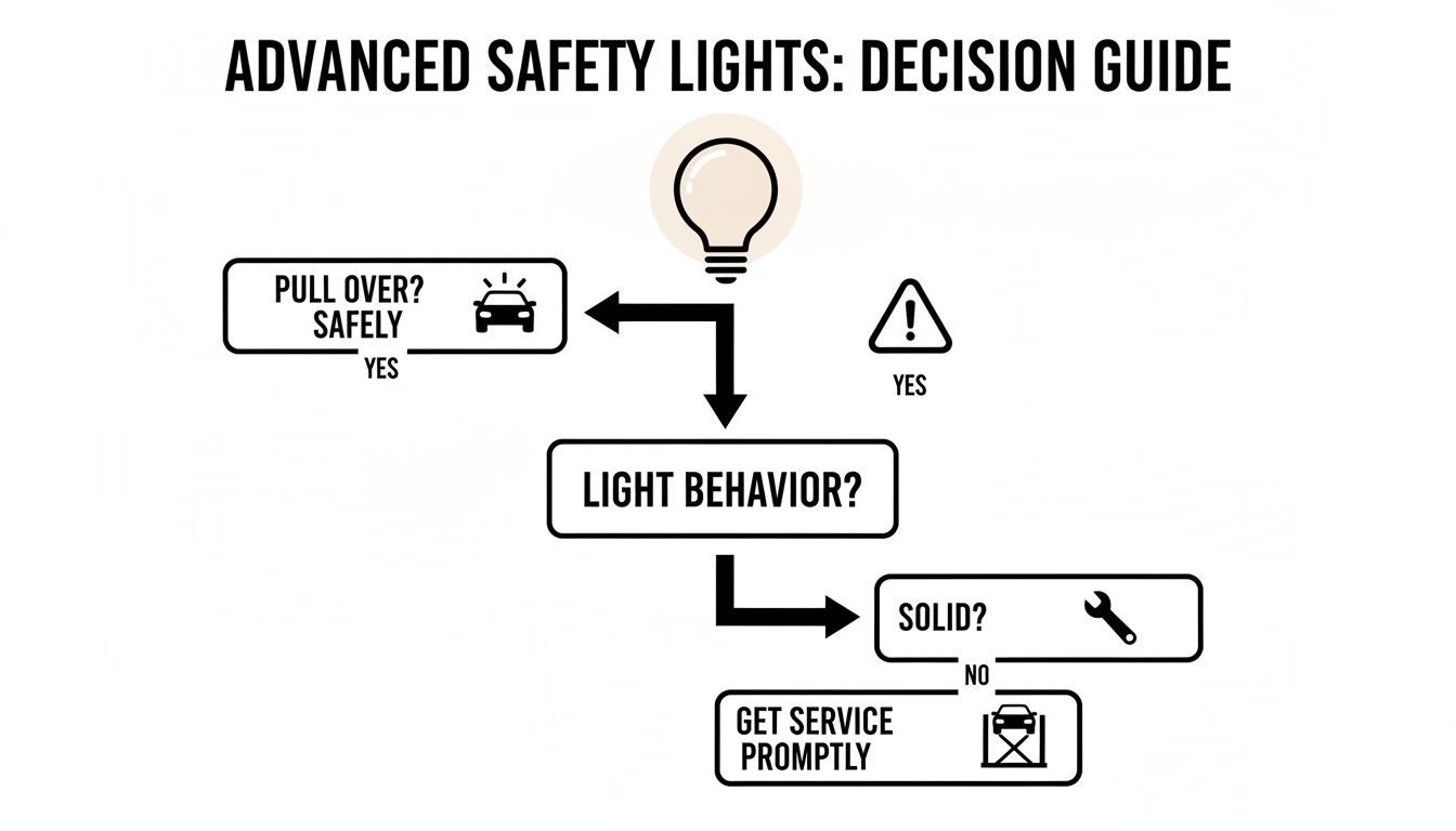 Flowchart for advanced safety lights, guiding drivers on action for solid or flashing warning lights.