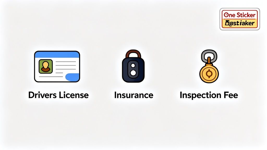Icons representing a driver's license, insurance padlock, and inspection fee coin for vehicle requirements.