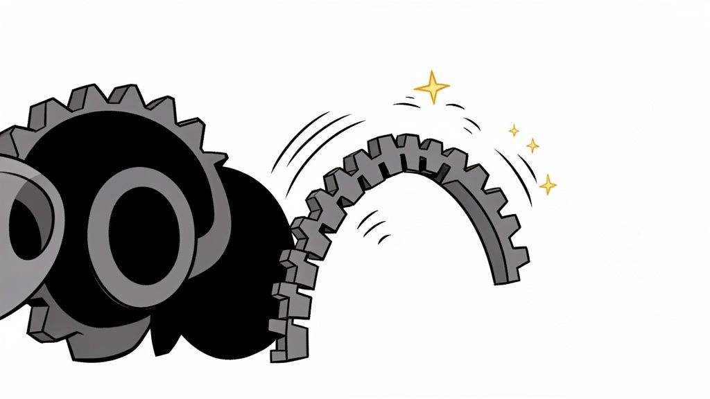 A large black gear connected to a flexible, arching grey gear with sparkle effects, indicating smooth function.