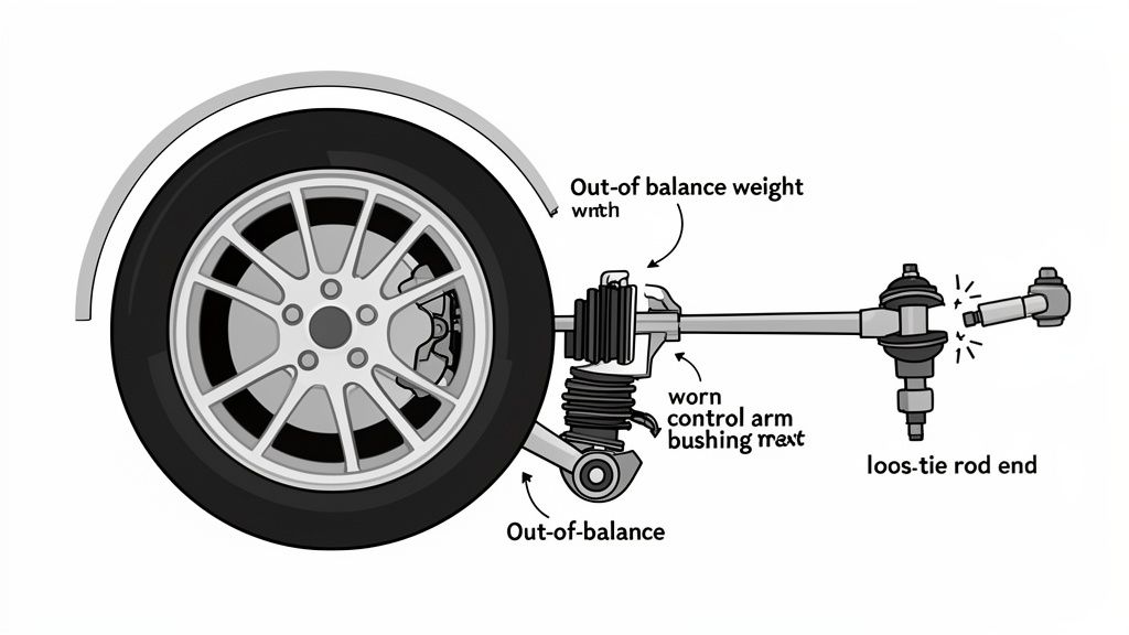 Diagram showing a car wheel and suspension issues like out-of-balance weight, worn bushing, and loose tie rod.