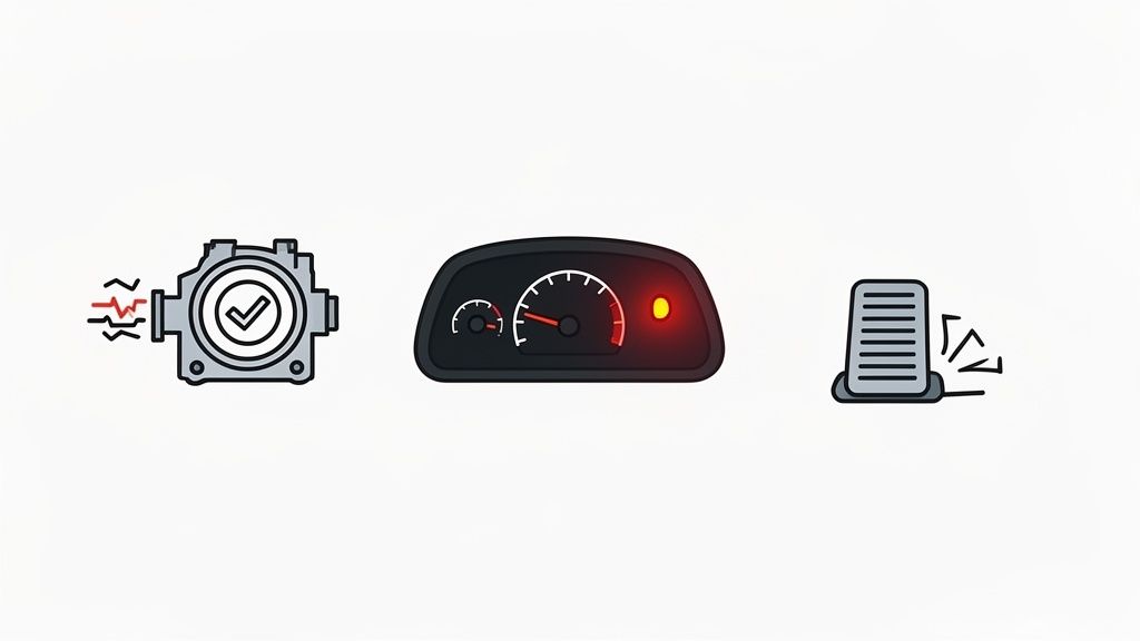 Icons depicting a car component with a checkmark, a dashboard warning light, and a vibrating pedal.